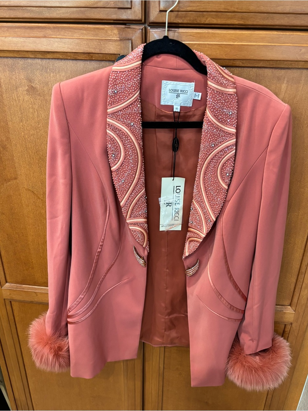 Louise Ricci Jacket w/Fur Cuffs, Terra Cotta Sequin and Rhinestone Size 10 NWT